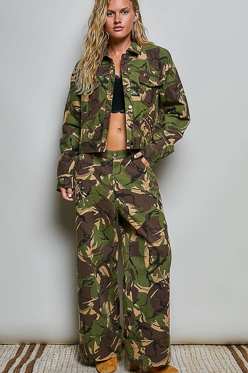 Embroidered Floral Woven Twill Button Front Closure Jacket
