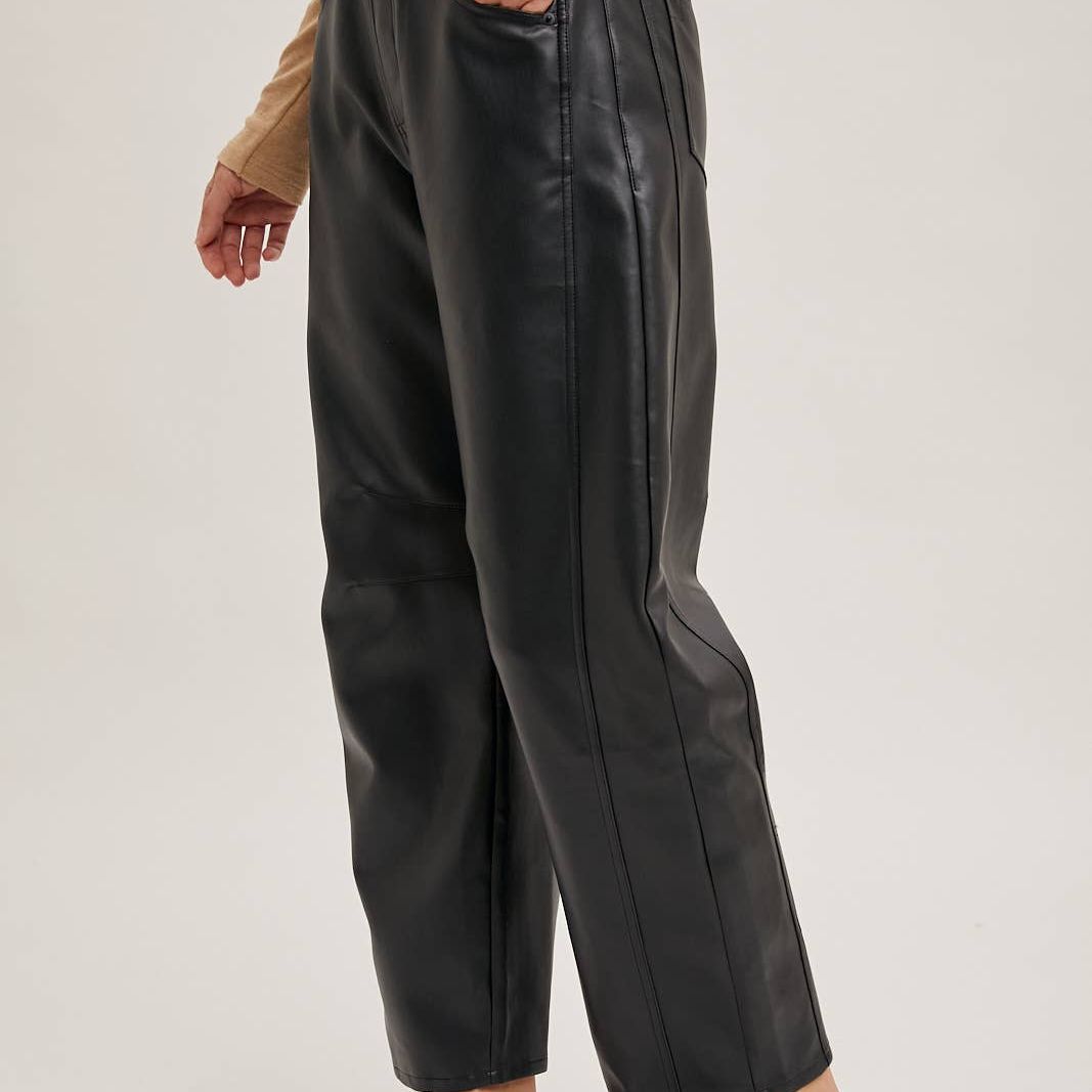 VEGAN LEATHER BARREL PANTS