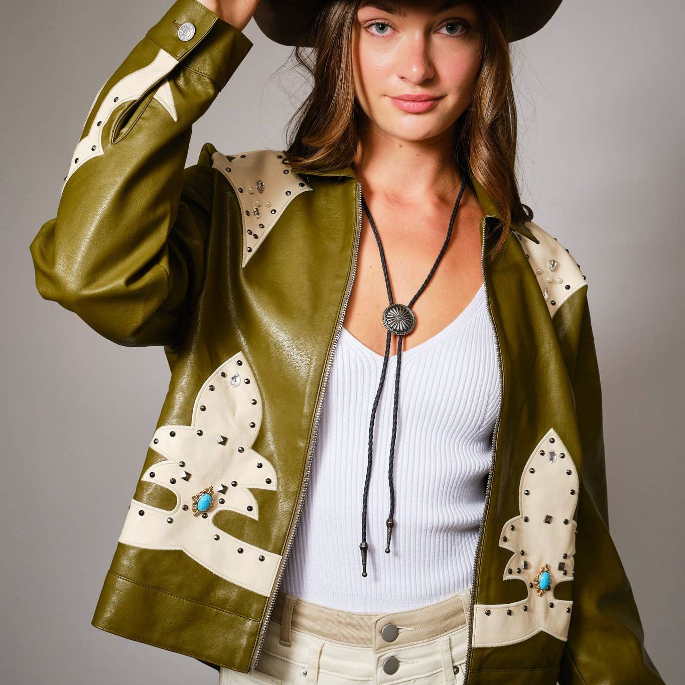 Faux Leather Studded Oversized Zip-Up Jacket