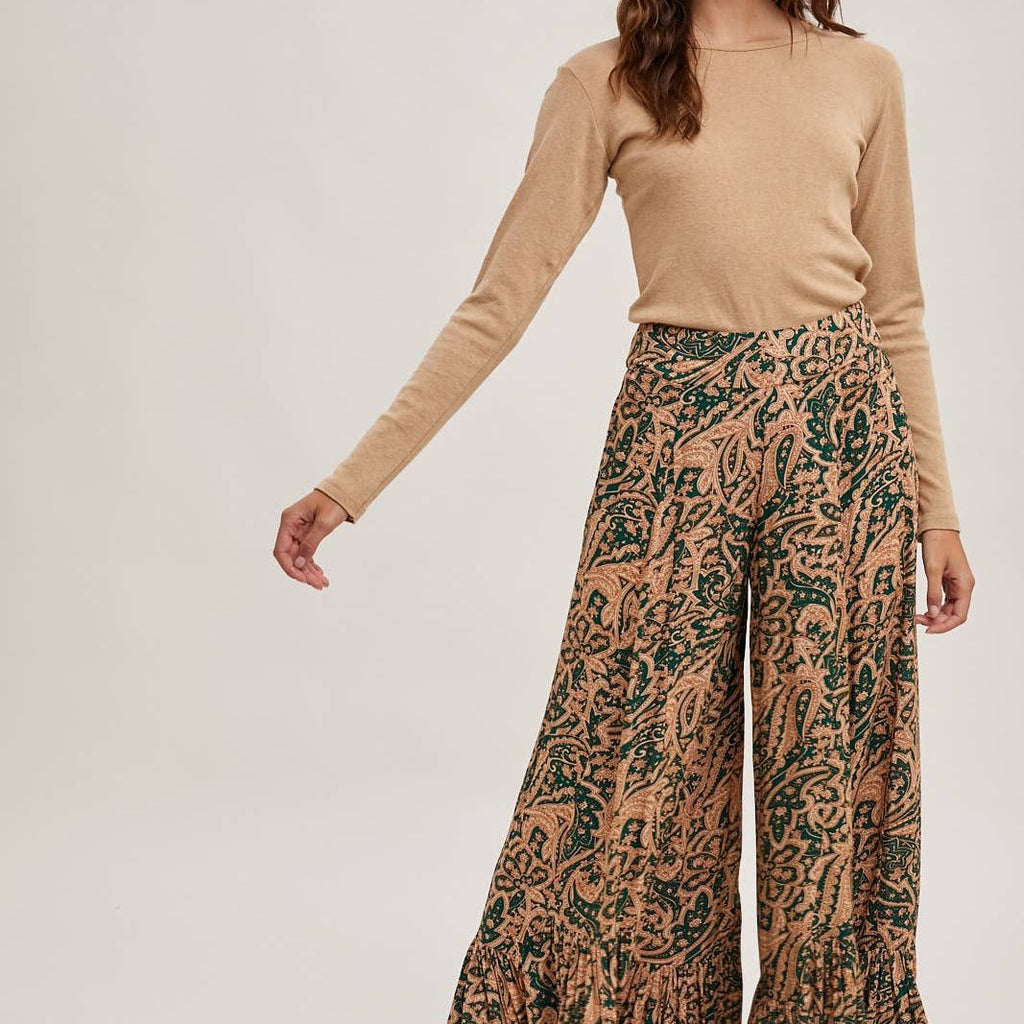 PAISLEY PRINT WIDE RUFFLED PANTS
