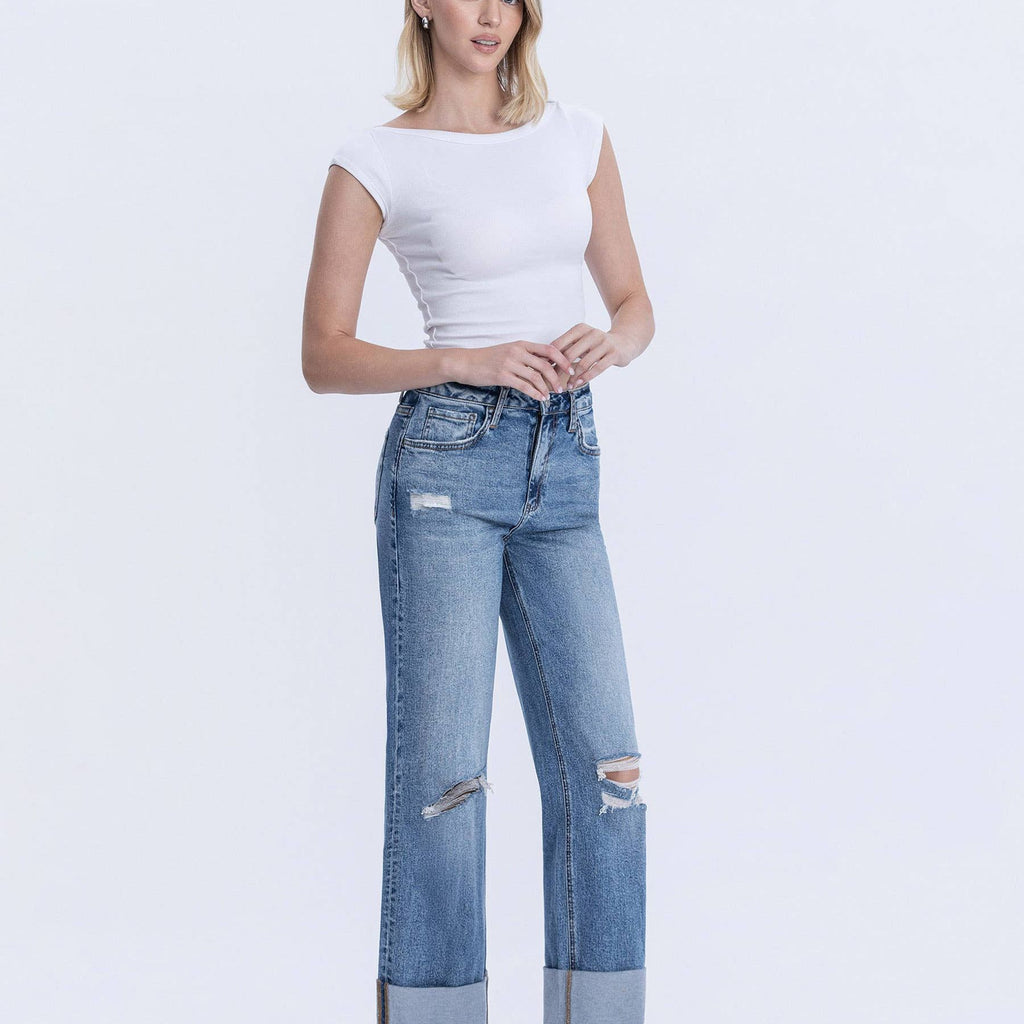 SUPER HIGH RISE DOUBLE CUFFED BAGGY WIDE JEANS
