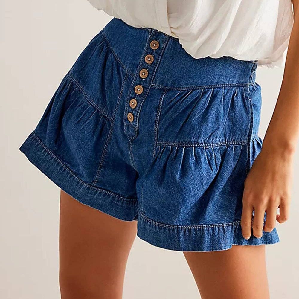 Ladies Solid Color Cotton Denim Shorts