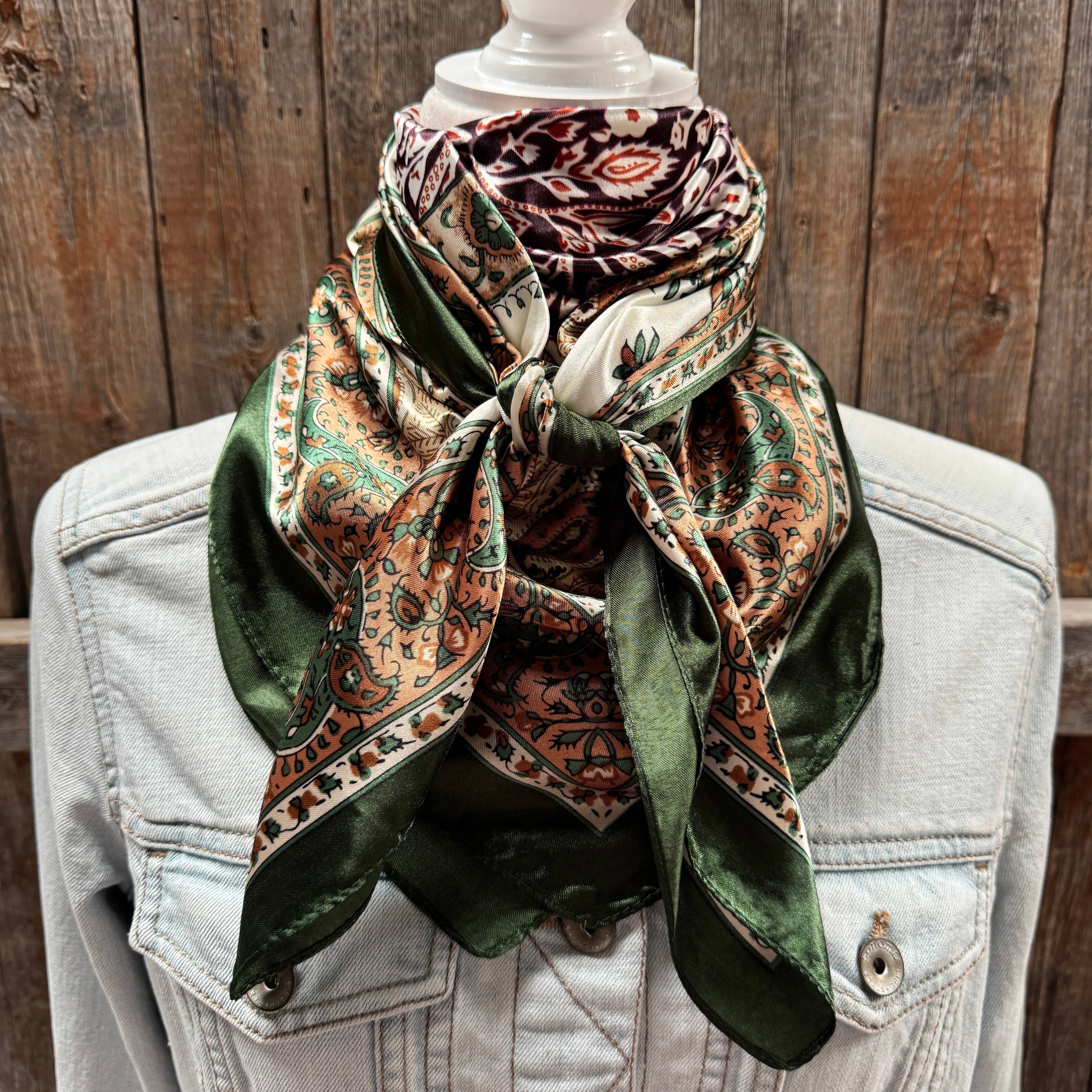 35X35" Green, Plum and Tan Floral Wild Rag / Scarf WR3454