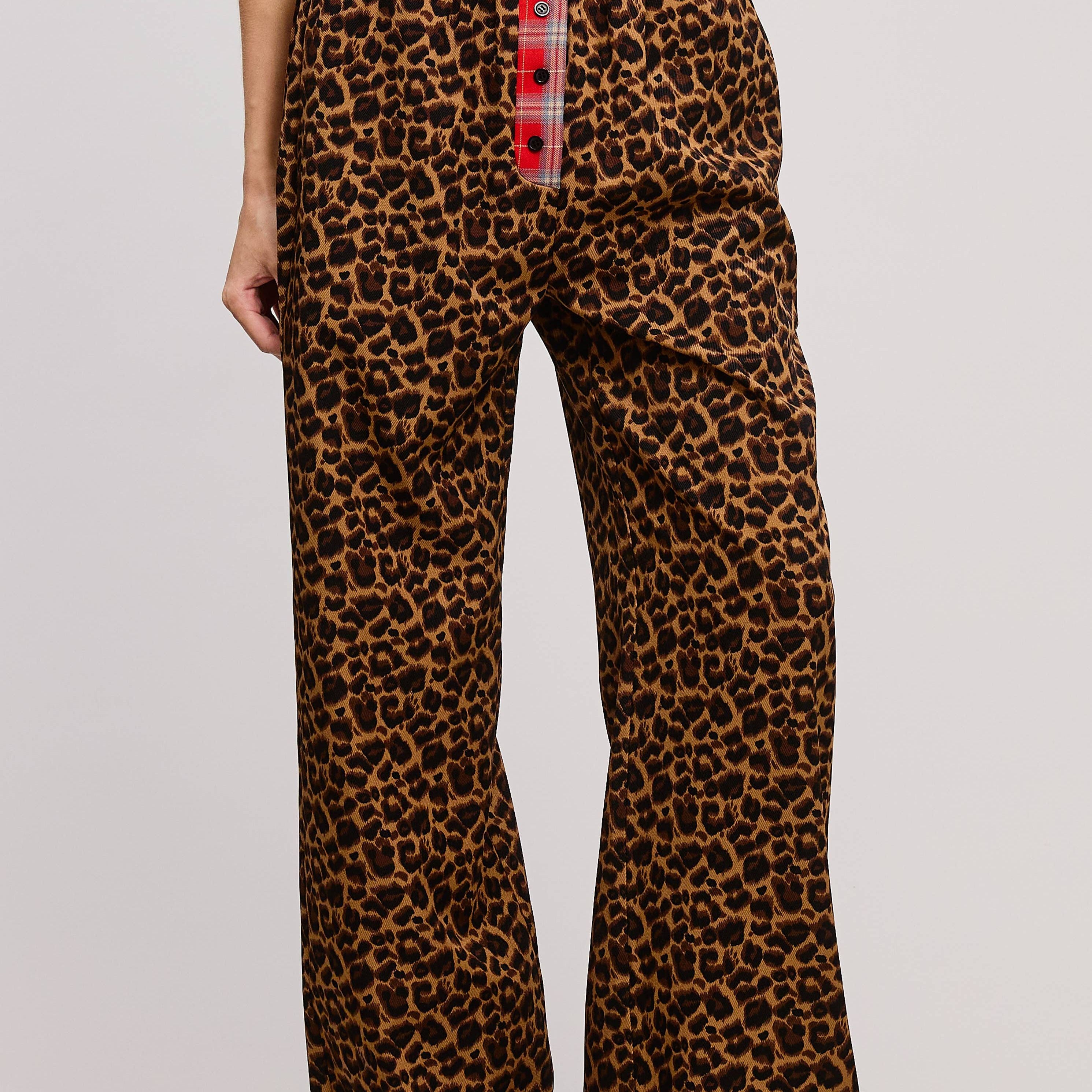 Plaid Flannel Contrast Waistband Leopard Pants