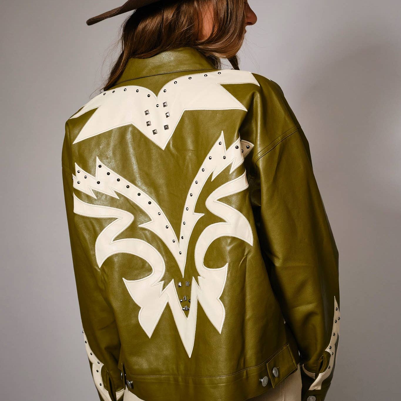 Faux Leather Studded Oversized Zip-Up Jacket