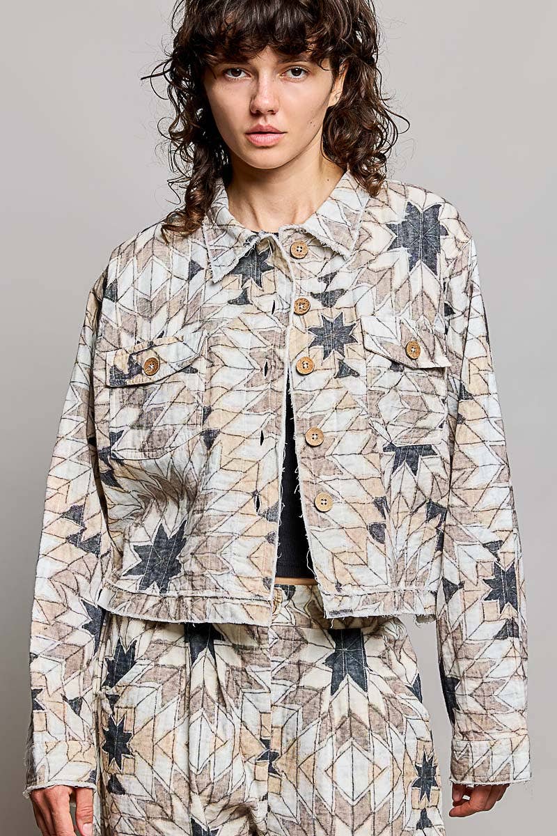 Geometric Star Wide Long Sleeve Quilted Stitch Woven Jacket