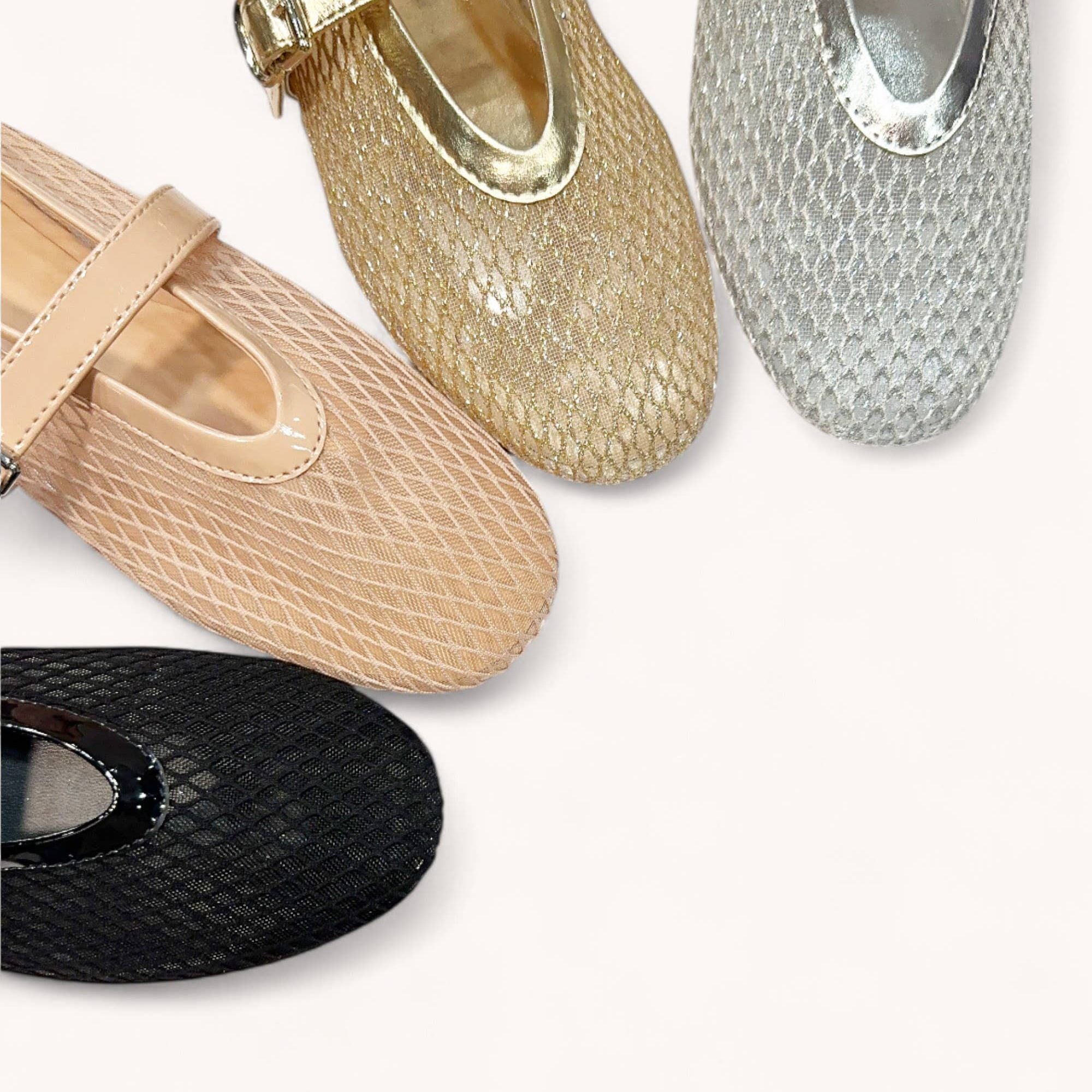 FISHNET MESH UPPER ROUND TOE BALLET FLAT