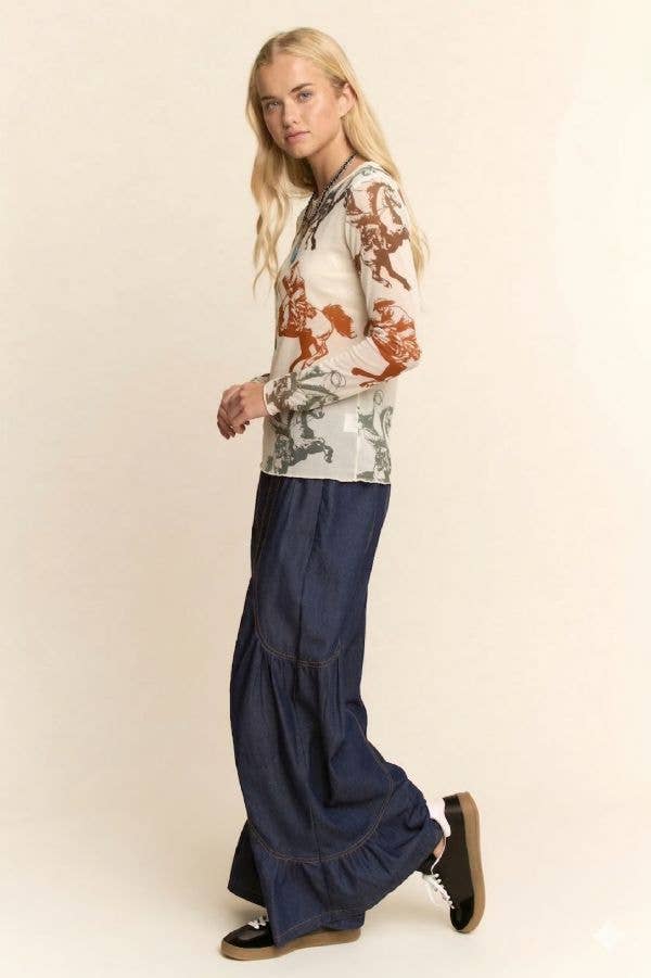 Western Horse Print Mesh Long Sleeve Top
