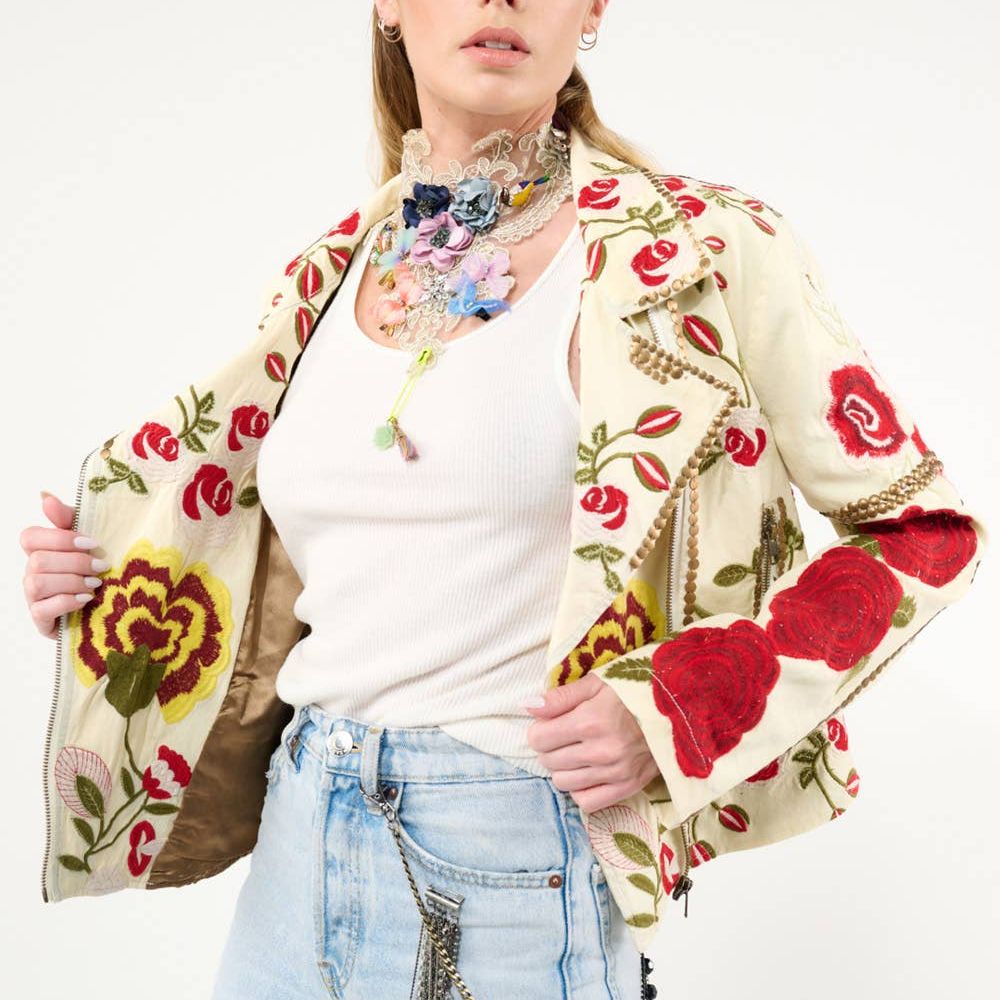 Carmen Embroidered Denim Motorcycle Jacket