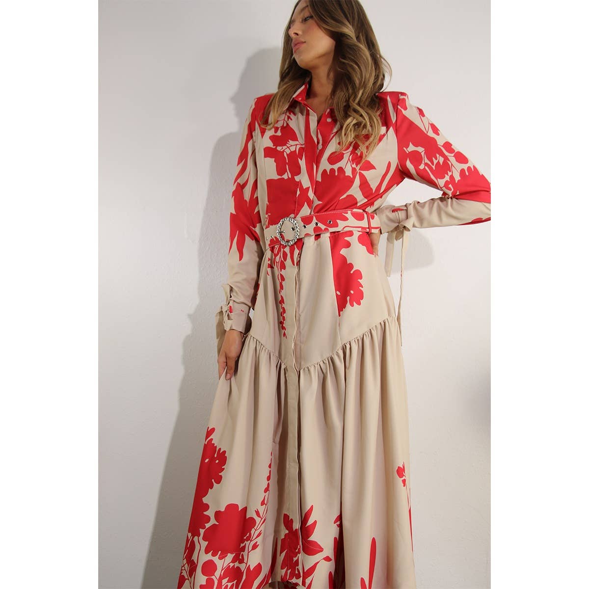 Print Uneven Belted Long Dress
