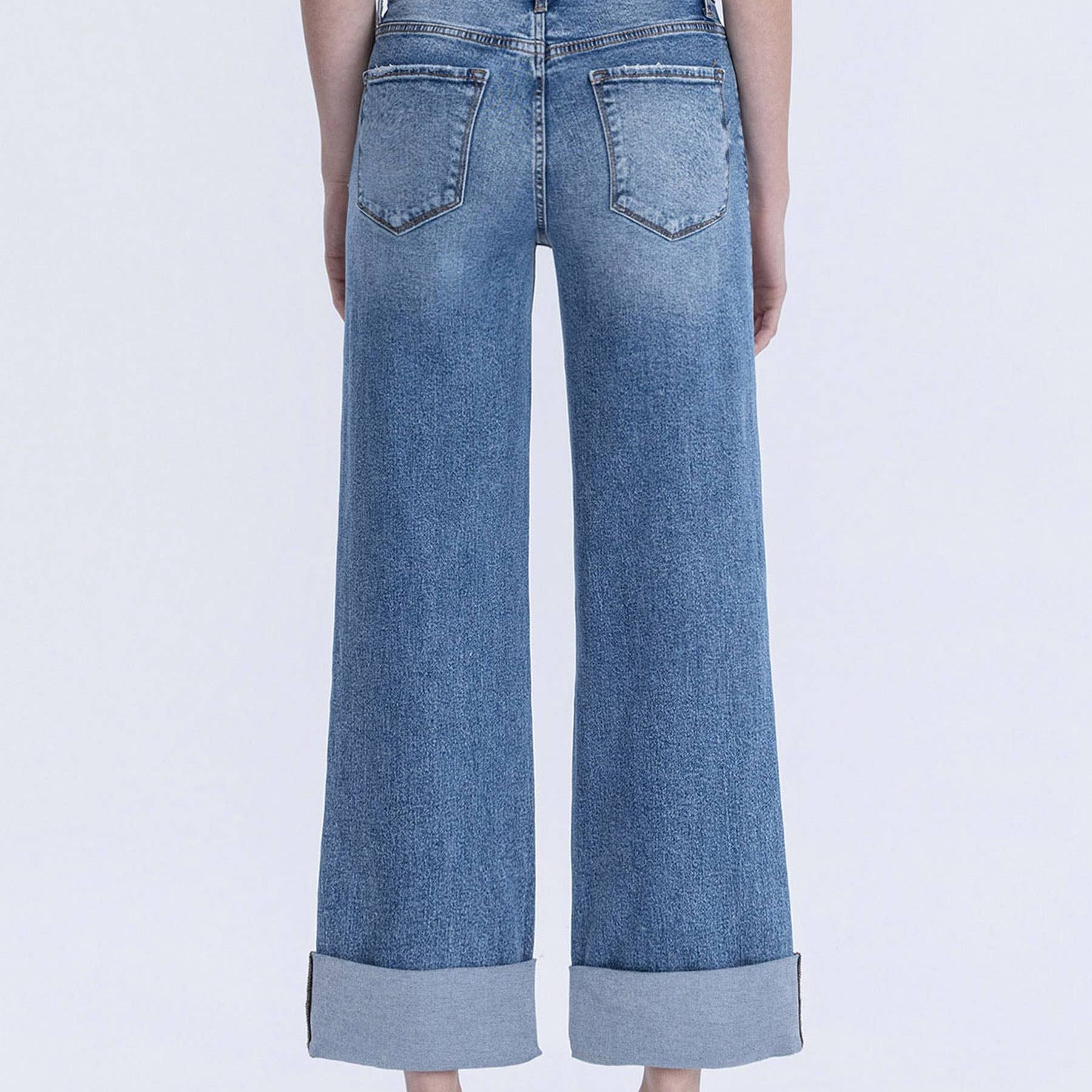 SUPER HIGH RISE DOUBLE CUFFED BAGGY WIDE JEANS