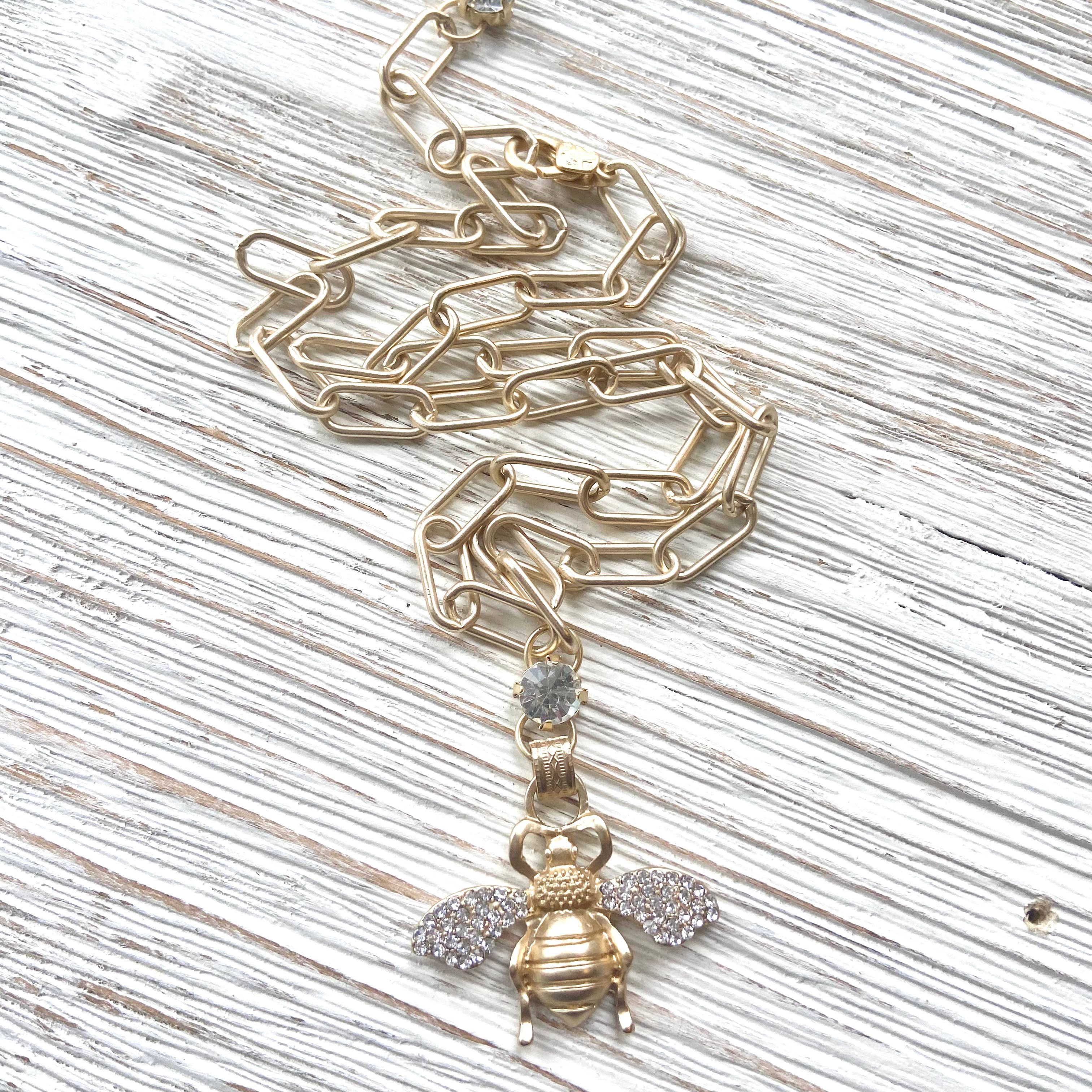 Bee Crystal Necklace Matte Gold Boutique Salon Jewelry