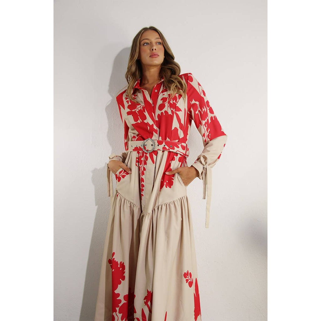 Print Uneven Belted Long Dress