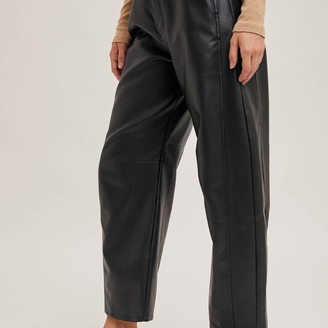 VEGAN LEATHER BARREL PANTS