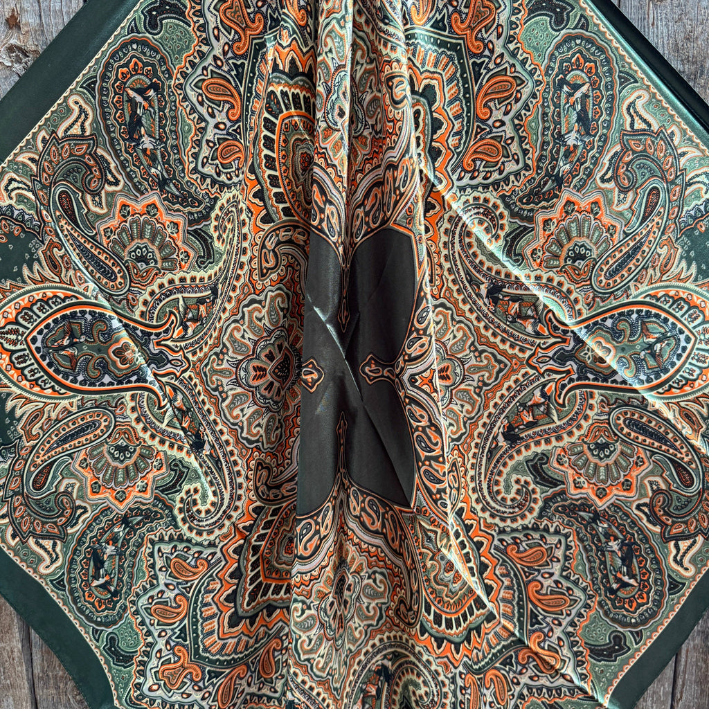 35X35" Olive Green and Orange Paisley Wild Rag / Scarf WR3451