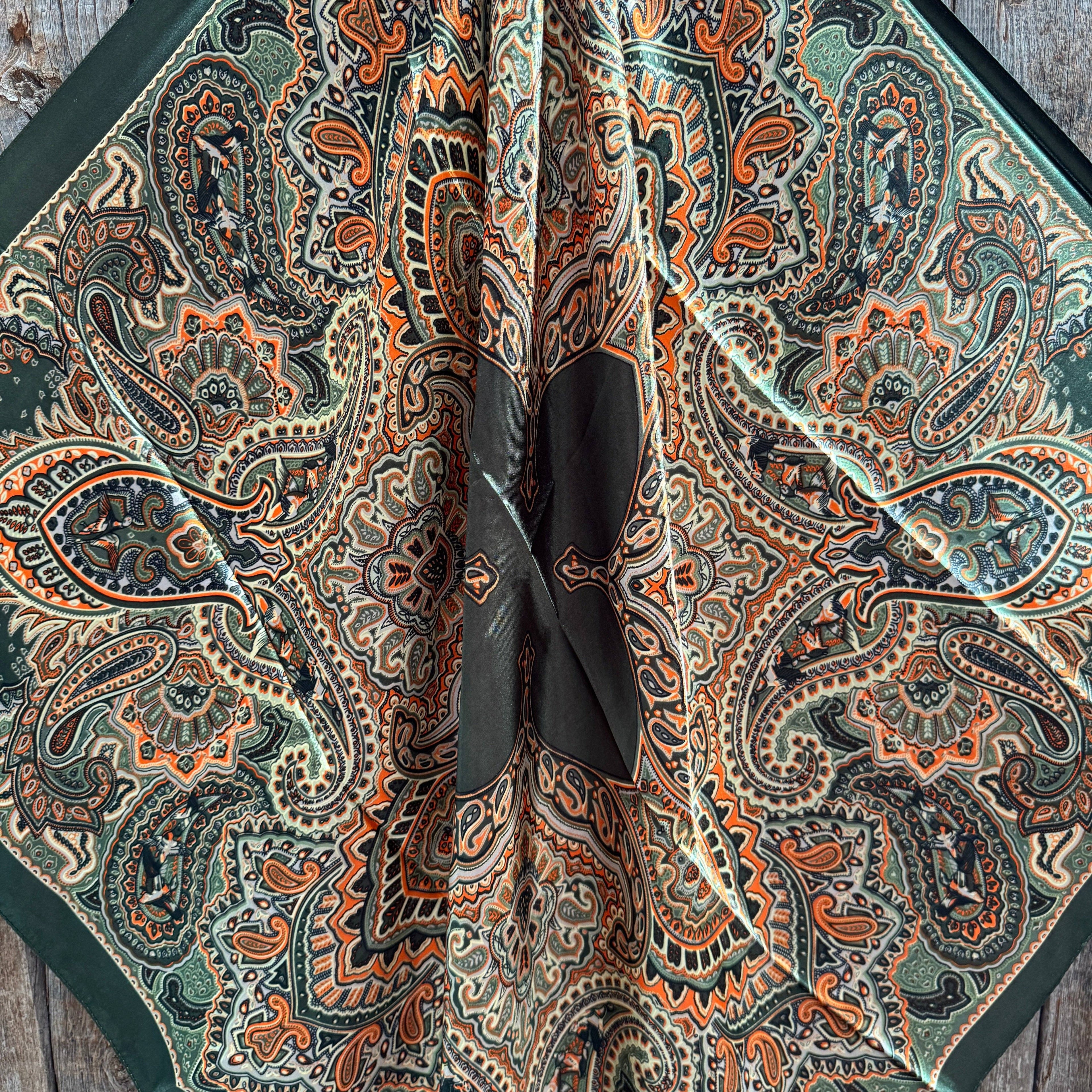 35X35" Olive Green and Orange Paisley Wild Rag / Scarf WR3451