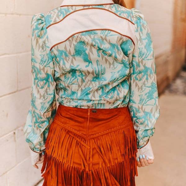 Plus Cream Teal Western Aztec Puff Sleeve Button Down Shirt