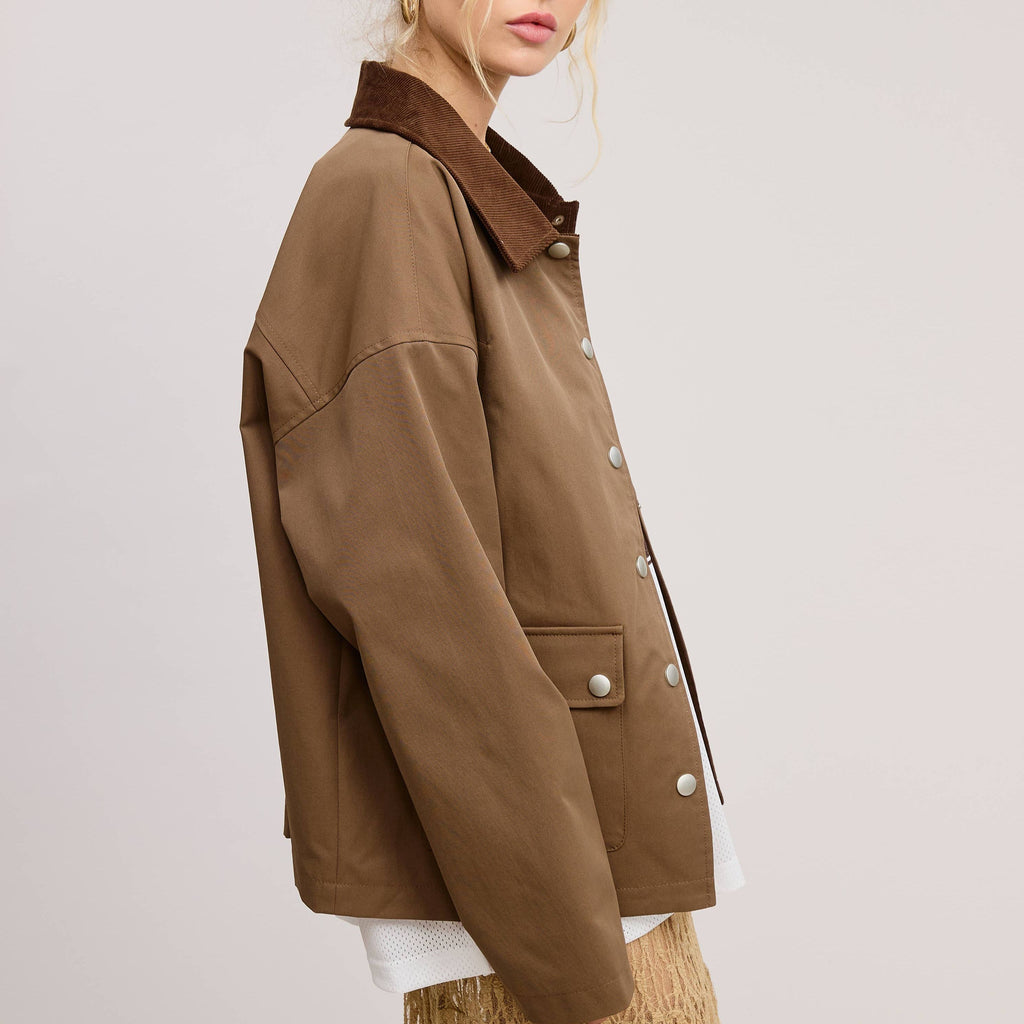 Barn Jacket with Corduroy Collar and Snap Pockets