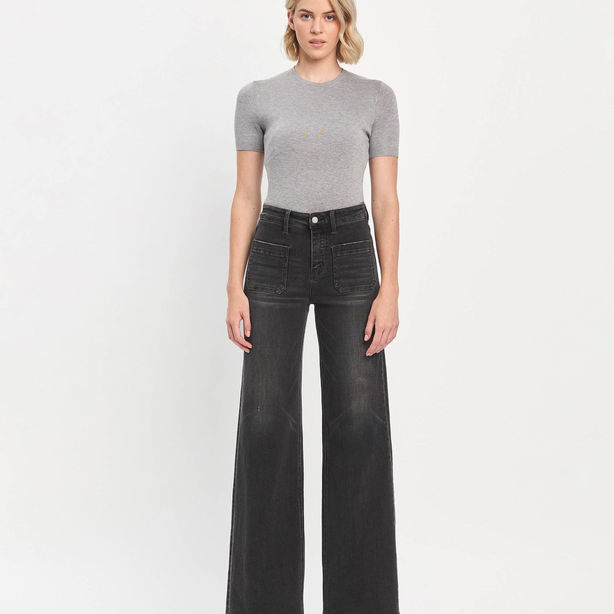 HIGH RISE PATCH POCKET BLACK WIDE TROUSER JEANS T6569