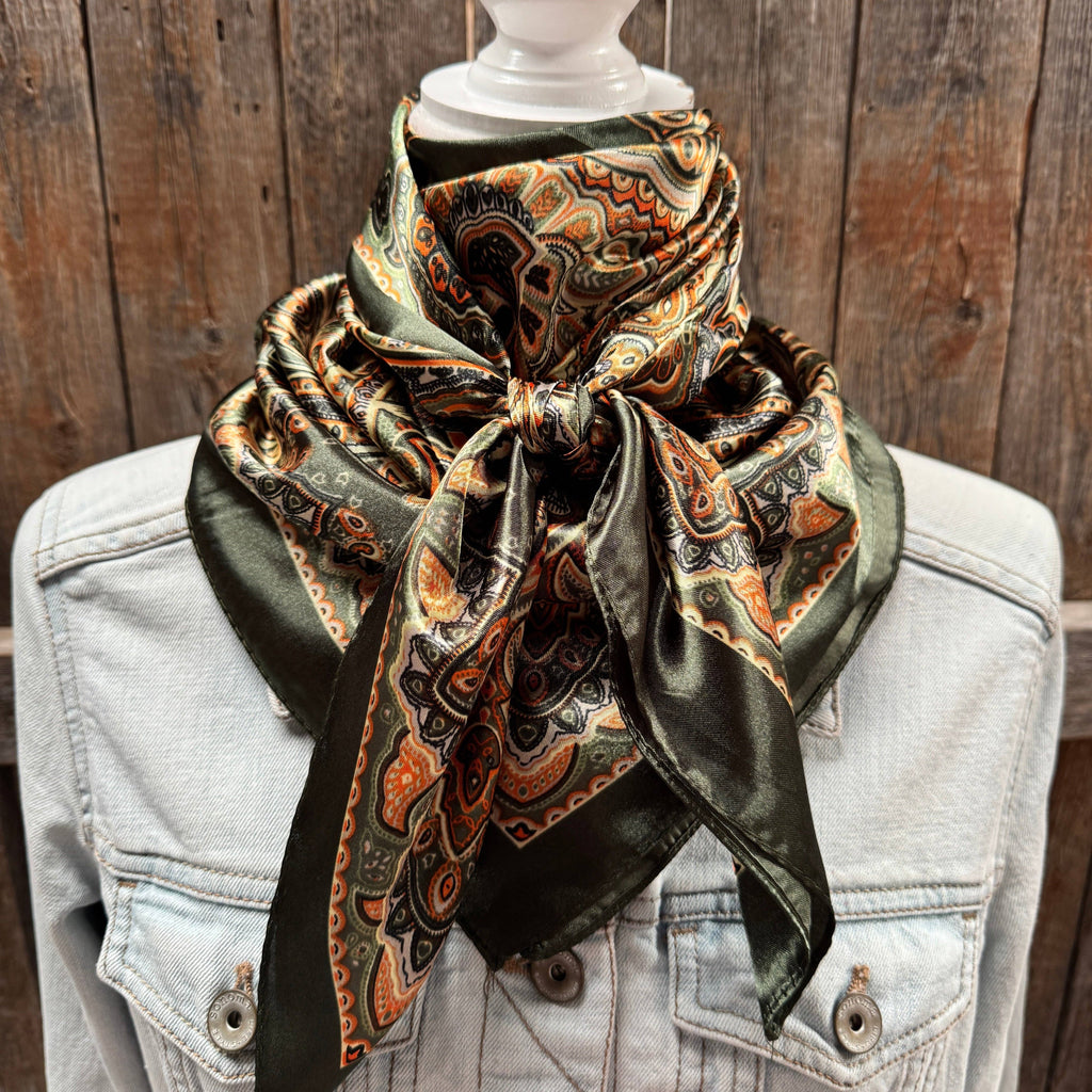 35X35" Olive Green and Orange Paisley Wild Rag / Scarf WR3451