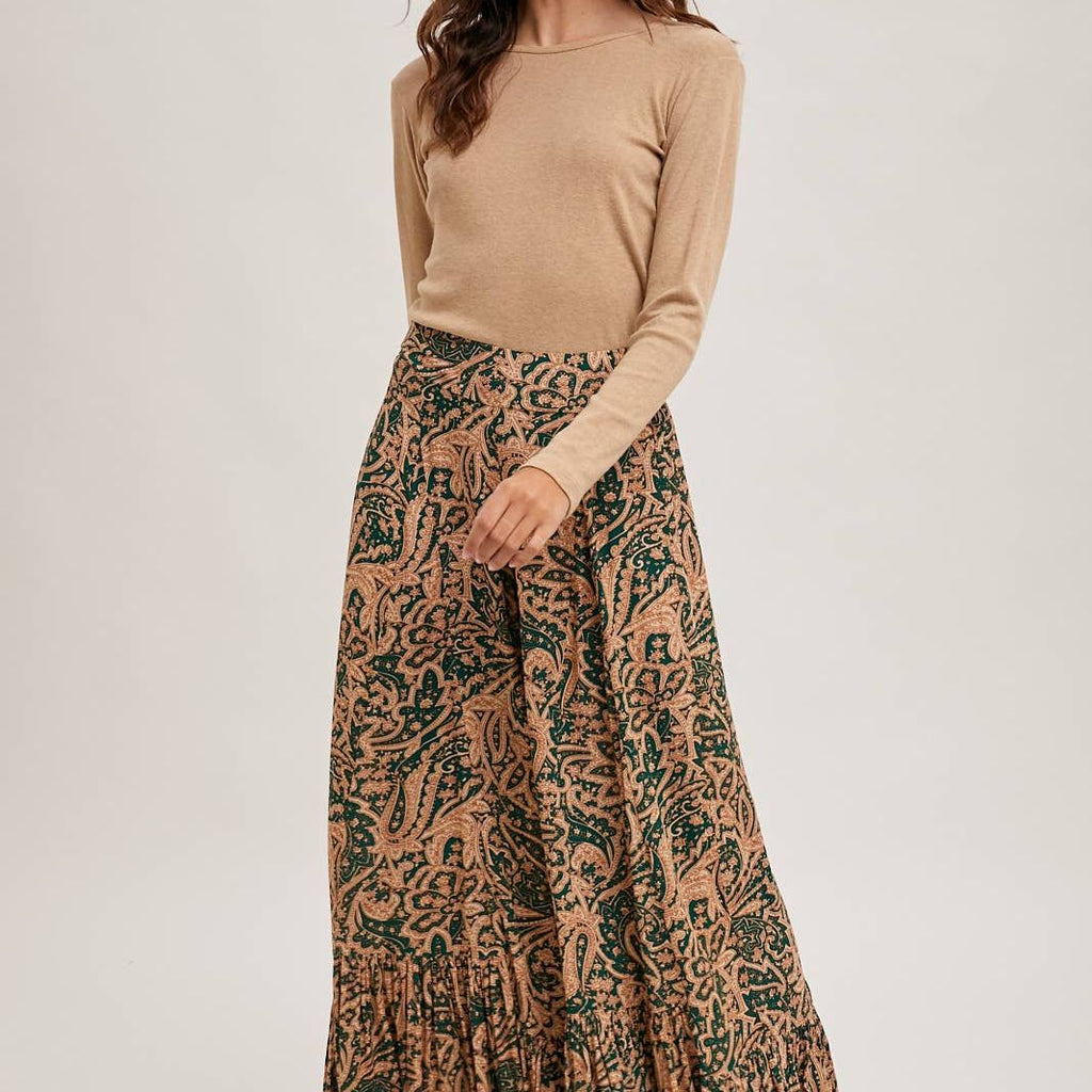 PAISLEY PRINT WIDE RUFFLED PANTS