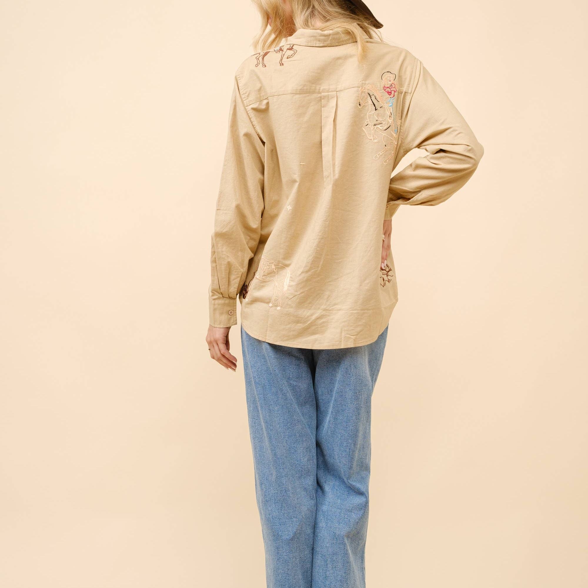Western Cowgirl Motif Button Up Linen Shirt Blouse