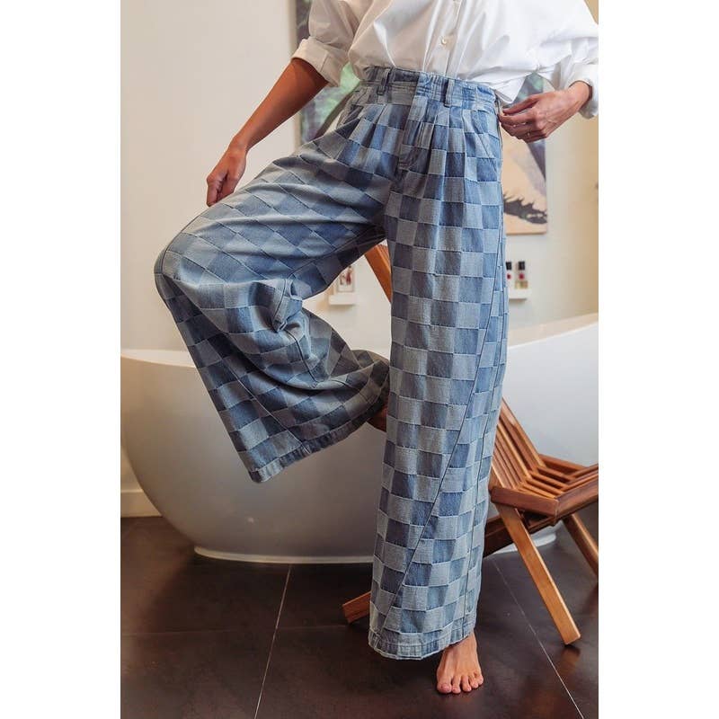 WASHED TWO TONE CHECKER WIDE PANTS
