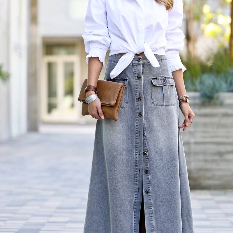 Front button down washed out denim maxi-skirt MK1699