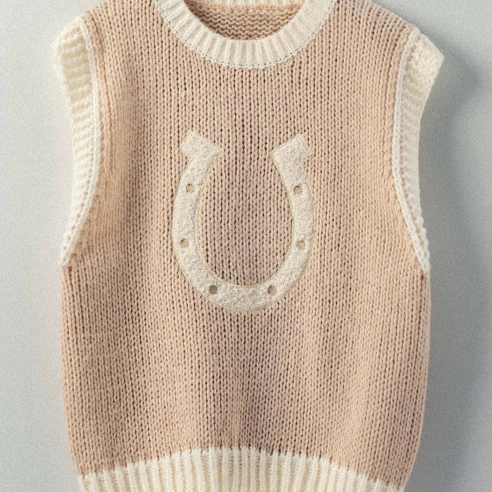 Western Horseshoe Crochet Knit Ribbed Trim Sweater Vest