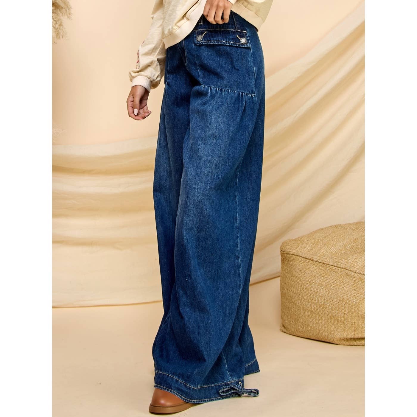 Ankle Drawstring Wide Denim Pants