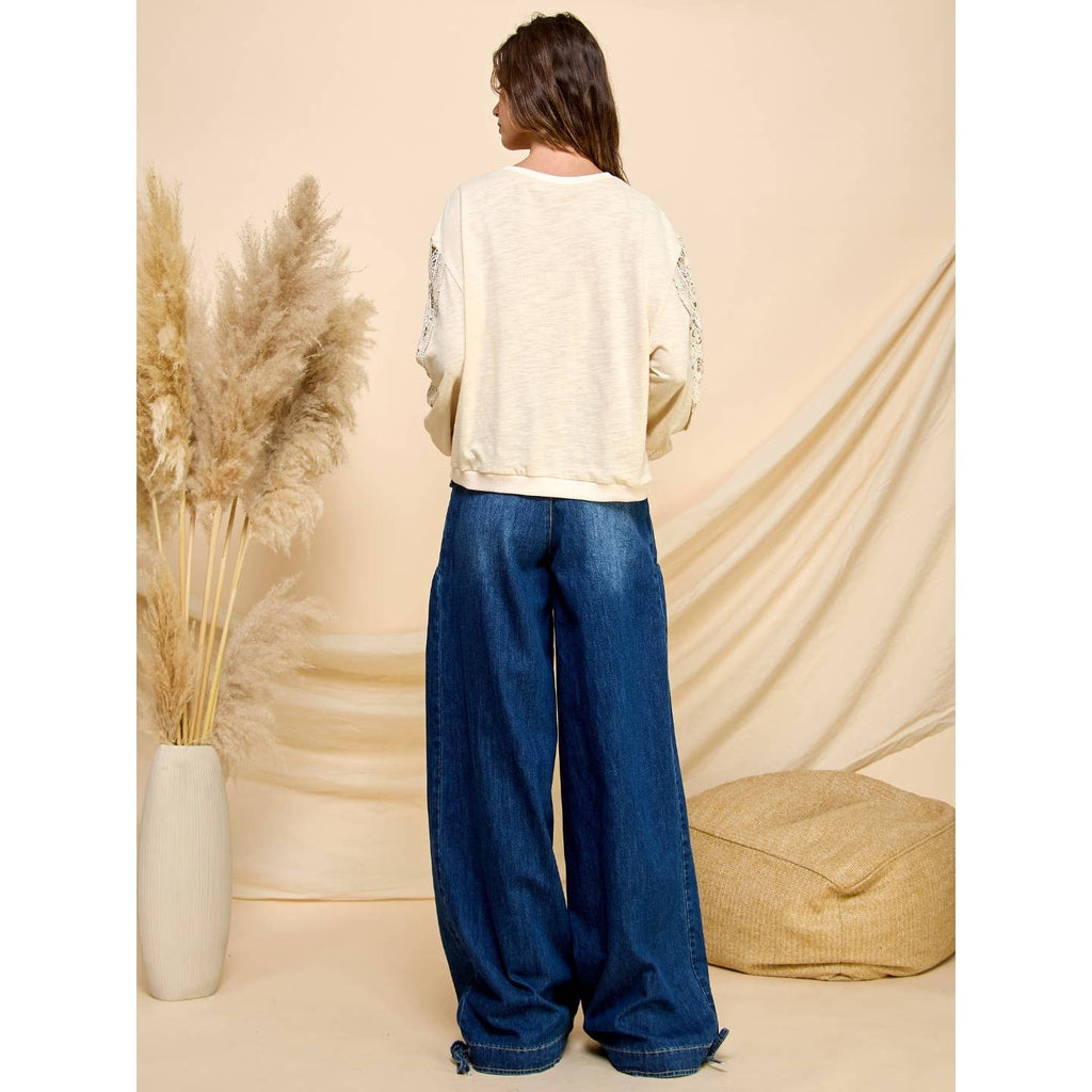 Ankle Drawstring Wide Denim Pants