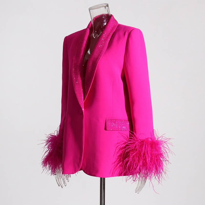 Hot Pink Diamond Feather Slim Fit Blazer