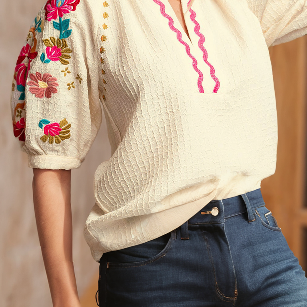 LDC Embroidered Ricrac Puff Sleeve Texture Blouse
