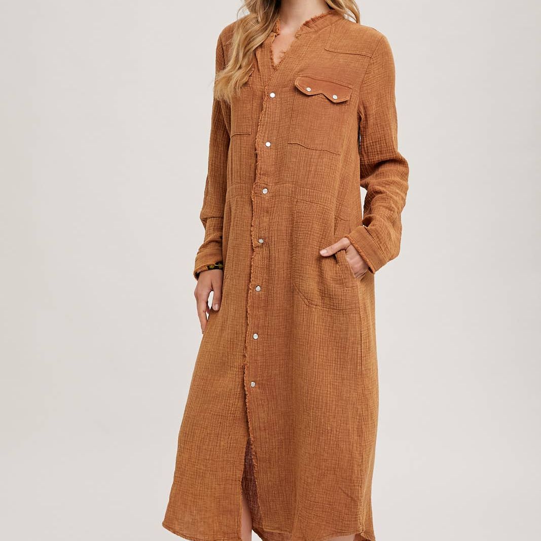 WASHED DENIM MIDI BUTTON DOWN SHIRT DRESS