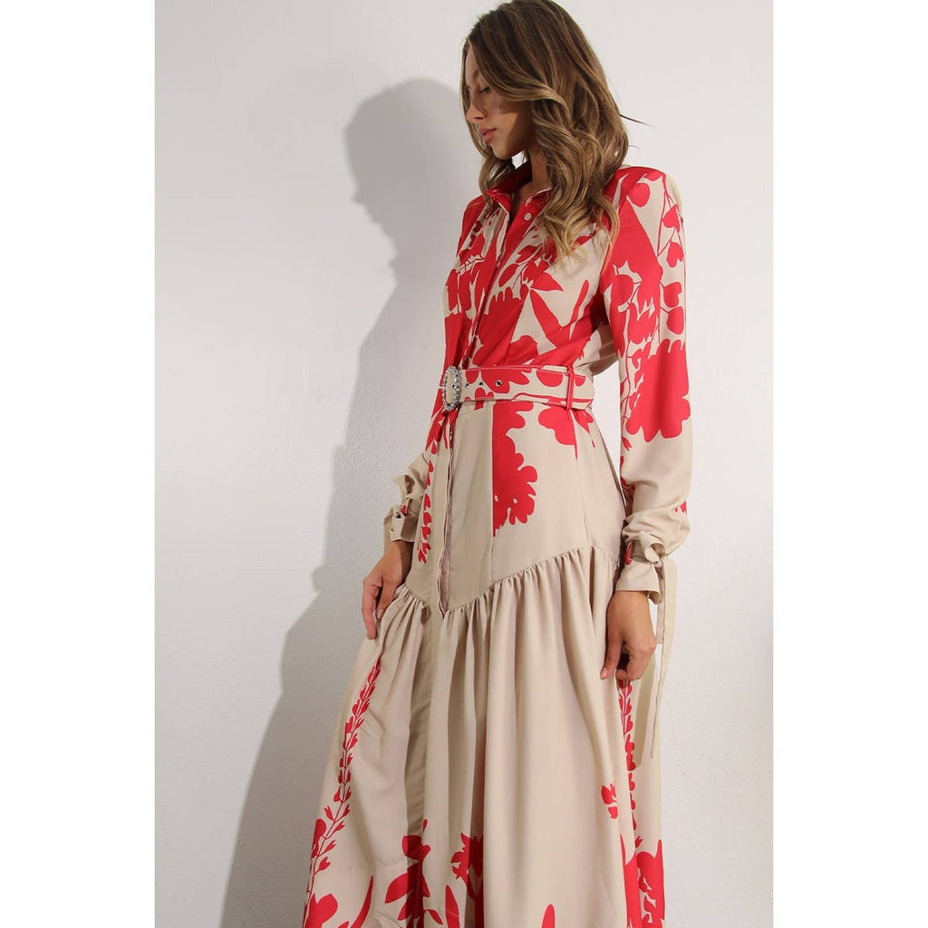 Print Uneven Belted Long Dress