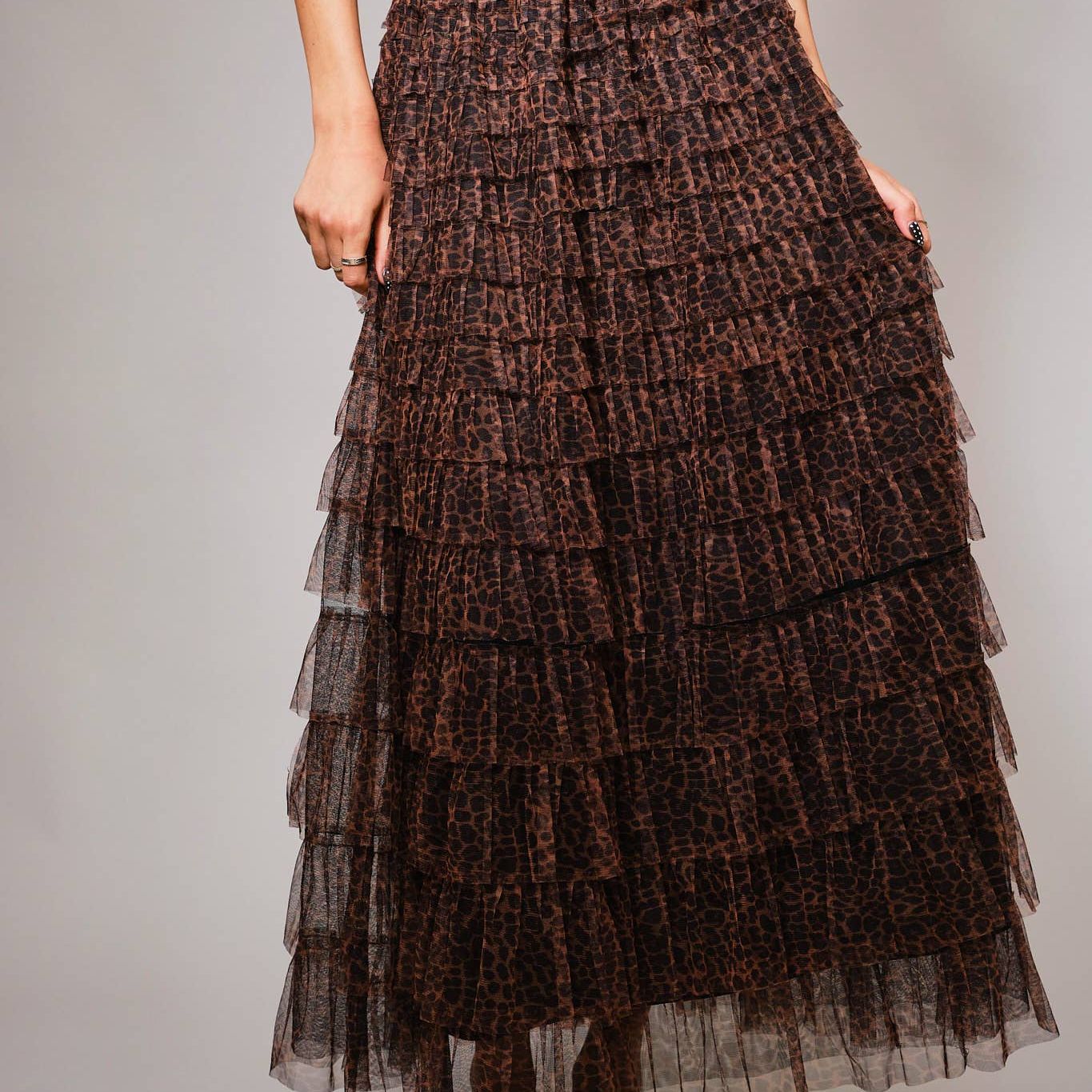 High Waist Elastic Tiered Ruffle A-Line Maxi Skirt