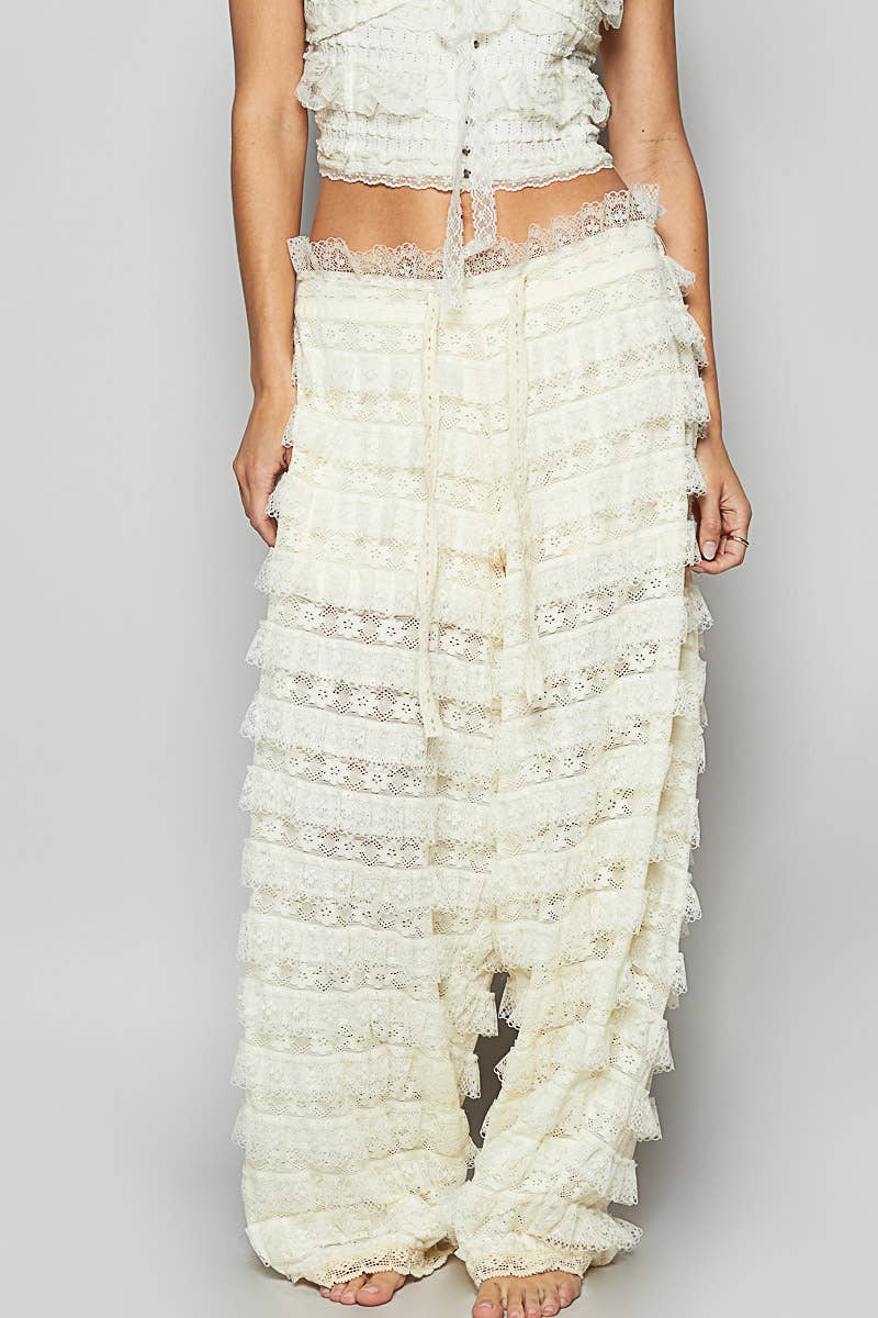 Solid lace trim detail woven wide pants
