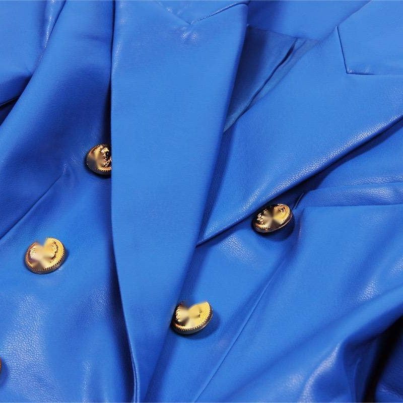 Women Vivid Blue Faux Leather Slim Fit Blazer