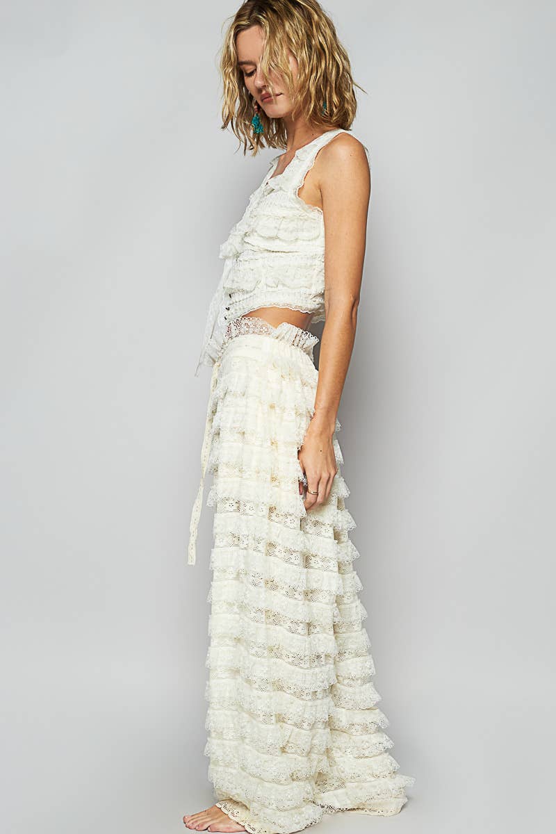 Solid lace trim detail woven wide pants