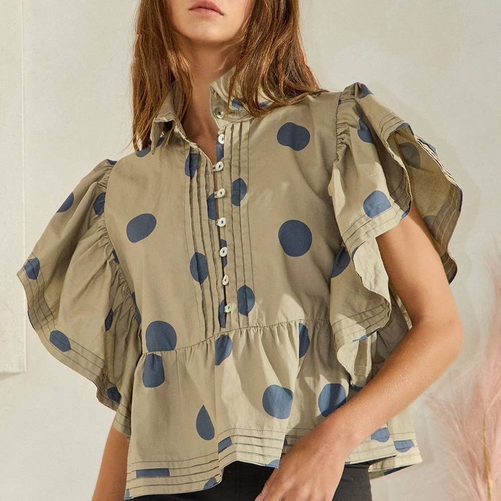 Ruffle Sleeves Pintuck Detail Polka Dot Print top