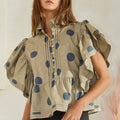 Ruffle Sleeves Pintuck Detail Polka Dot Print top