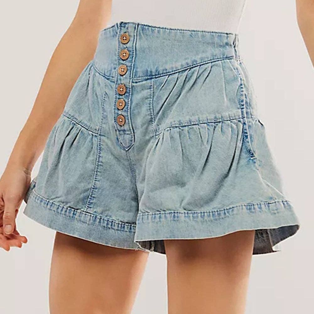 Ladies Solid Color Cotton Denim Shorts