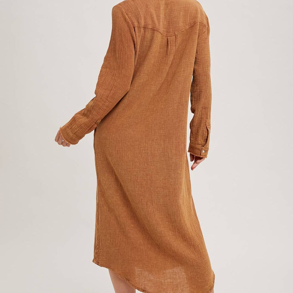 WASHED DENIM MIDI BUTTON DOWN SHIRT DRESS