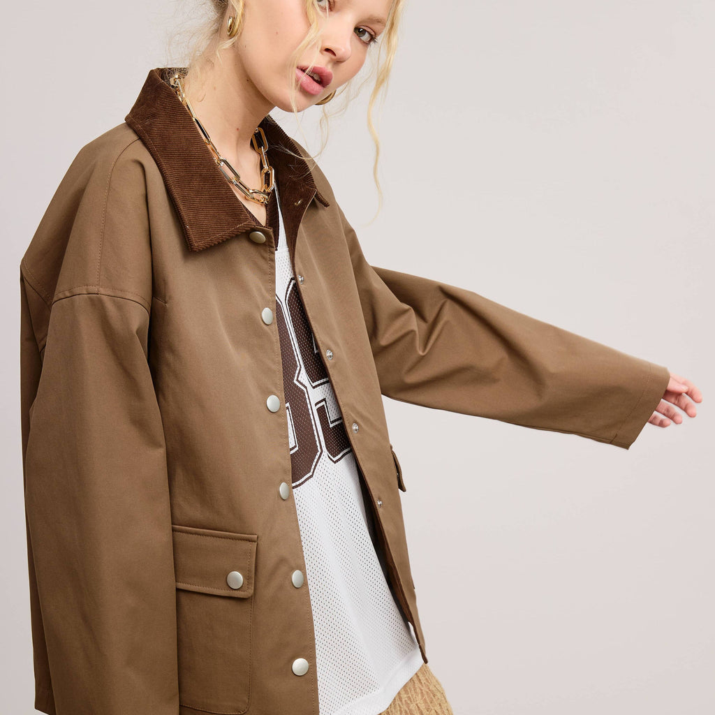Barn Jacket with Corduroy Collar and Snap Pockets