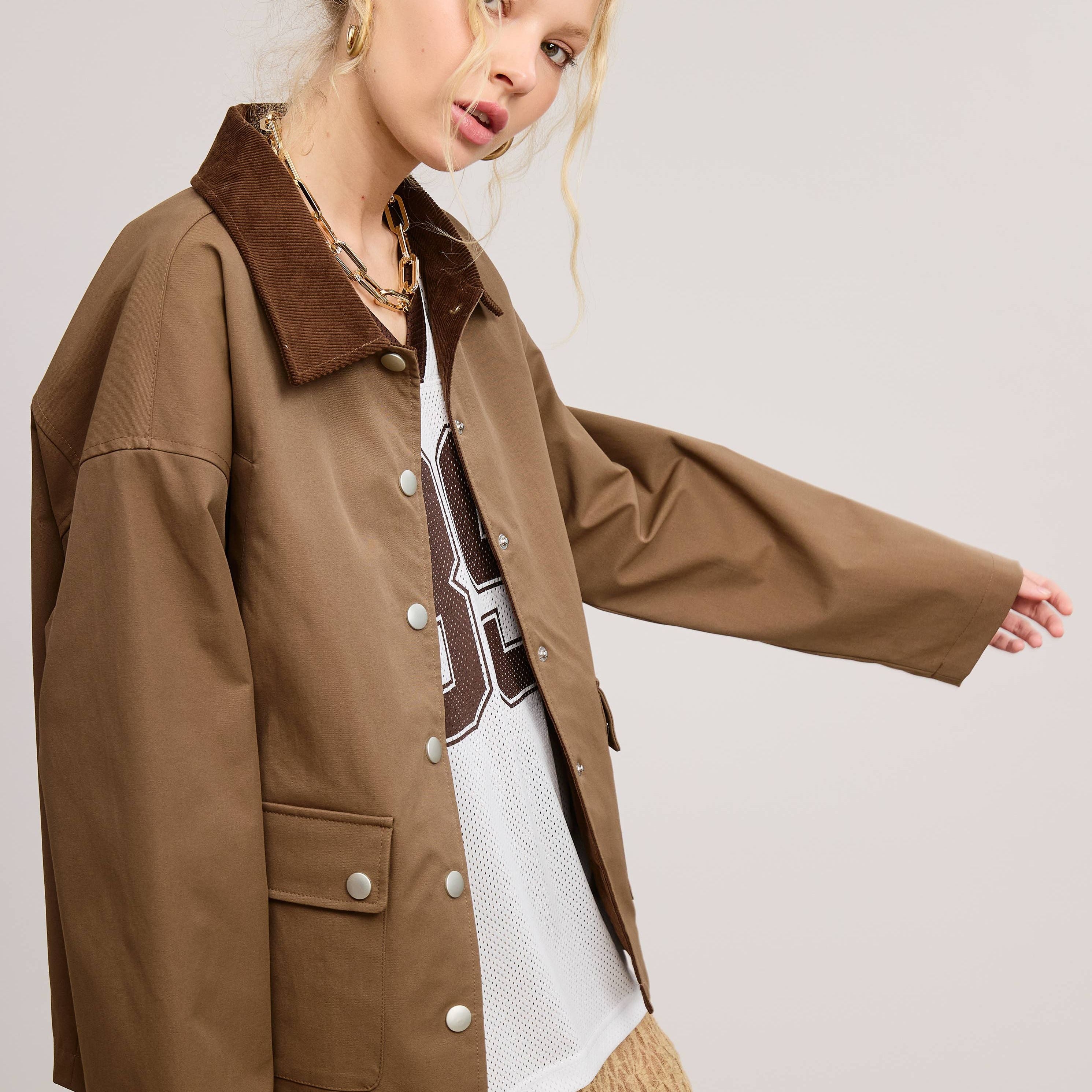 Barn Jacket with Corduroy Collar and Snap Pockets