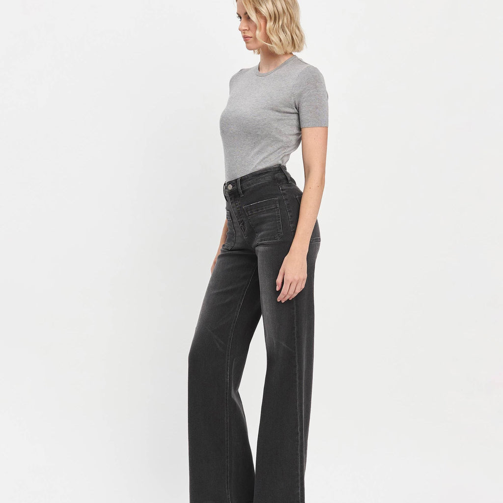 HIGH RISE PATCH POCKET BLACK WIDE TROUSER JEANS T6569