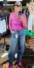 Glitter sequin lurex long sleeve lace mesh top