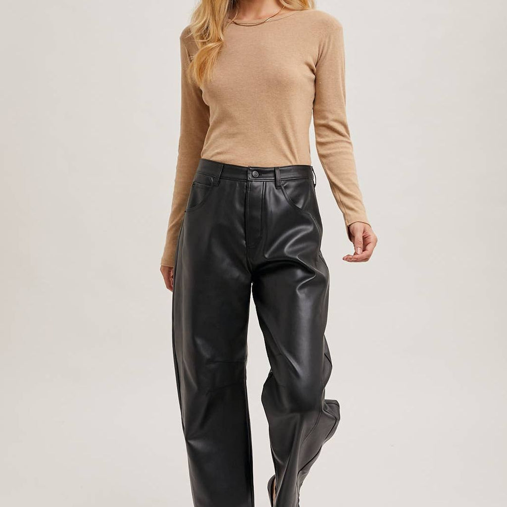 VEGAN LEATHER BARREL PANTS