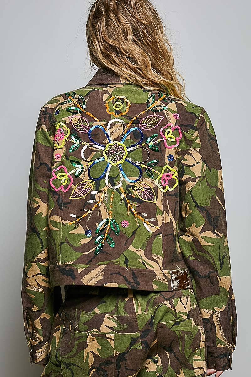 Embroidered Floral Woven Twill Button Front Closure Jacket