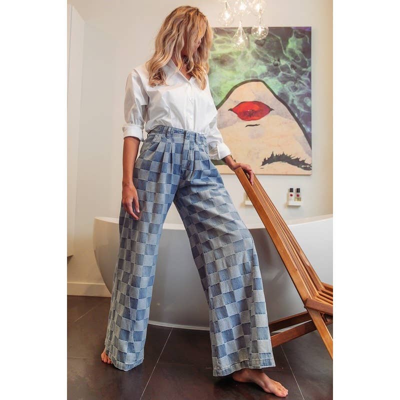 WASHED TWO TONE CHECKER WIDE PANTS